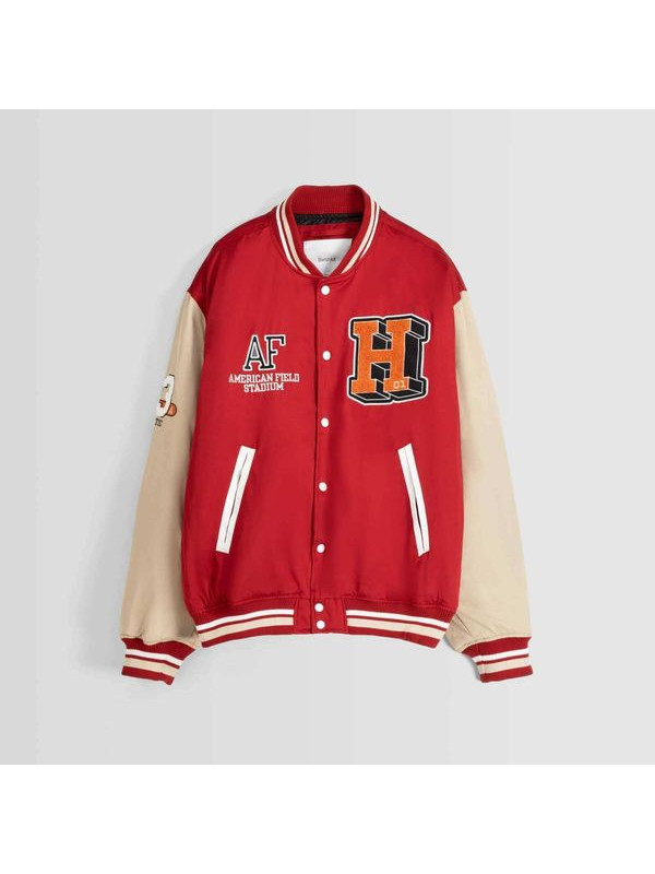 Бомбер Bershka Puffer Bomber With Patches, красный/бежевый