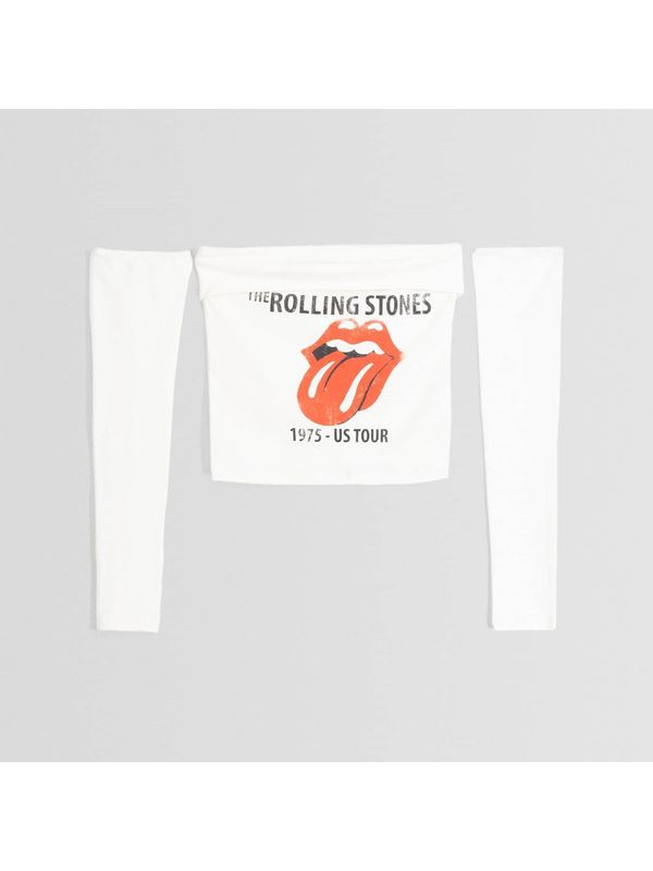 Топ Bershka The Rolling Stones Print Long Sleeve, белый