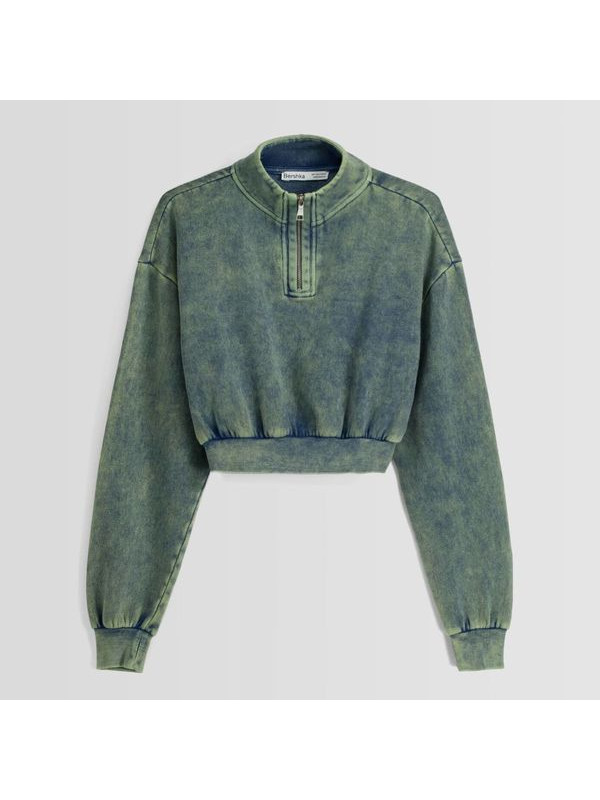 Свитшот Bershka Washed-effect Cropped, сине-зеленый