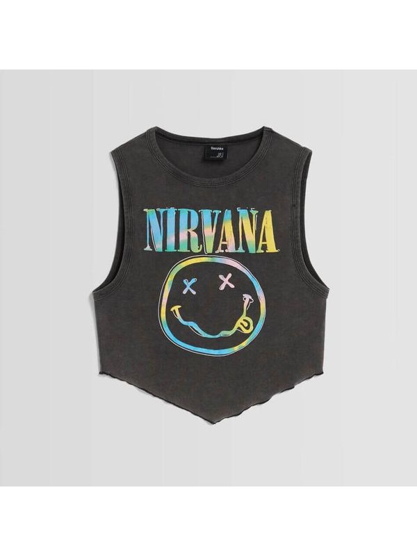Топ Bershka Sleeveless Nirvana Print, темно-серый