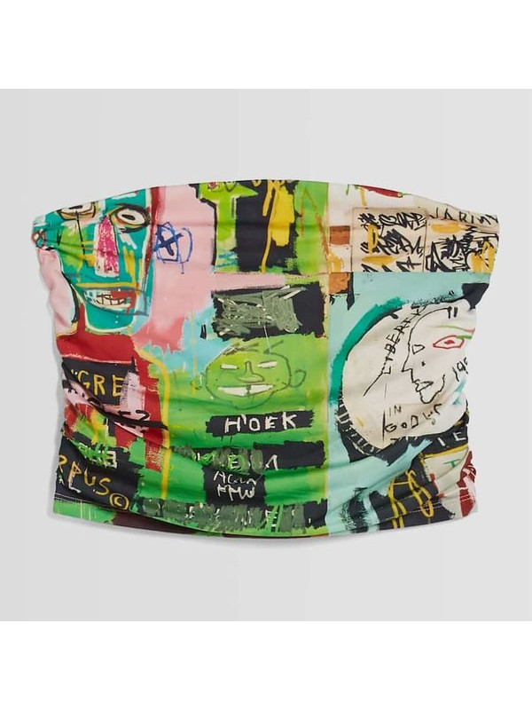 Топ Bershka Strapless Jean-Michel Basquiat Print, розовый/мультиколор