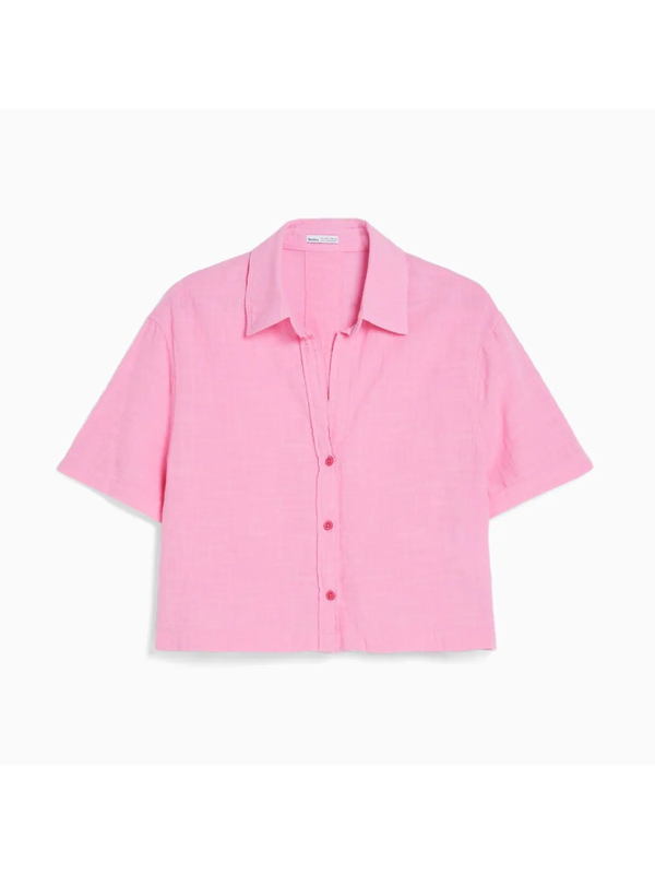 Рубашка Bershka Short Sleeve Textured Rustic, розовый
