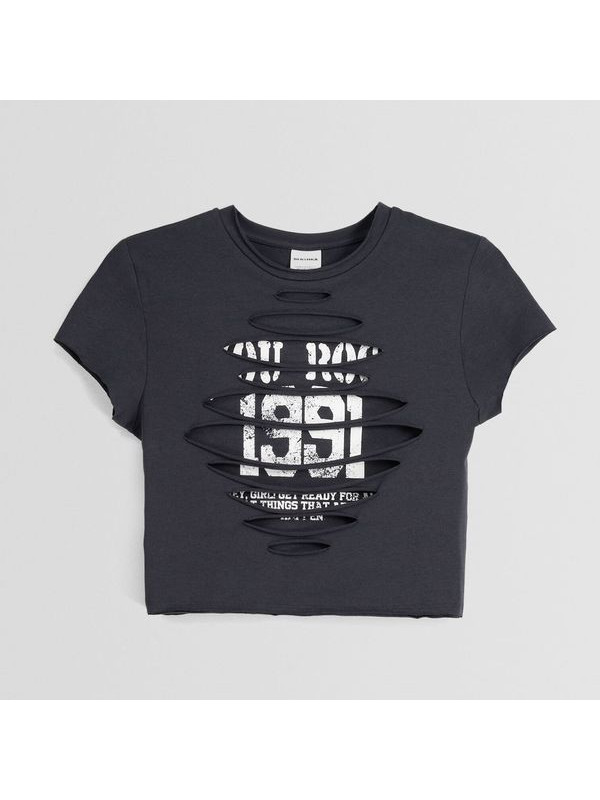 Топ Bershka Double-layer Short Sleeve With Stitching And Print, темно-серый