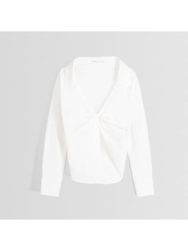 Рубашка Bershka Long Sleeve Poplin Neckline, белый