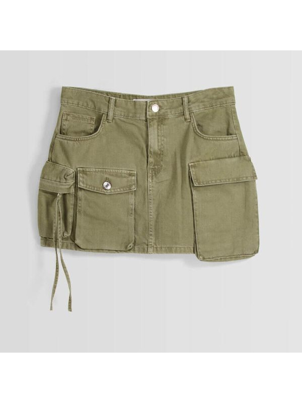 Юбка Bershka Multi-Pocket Twill Mini, хаки