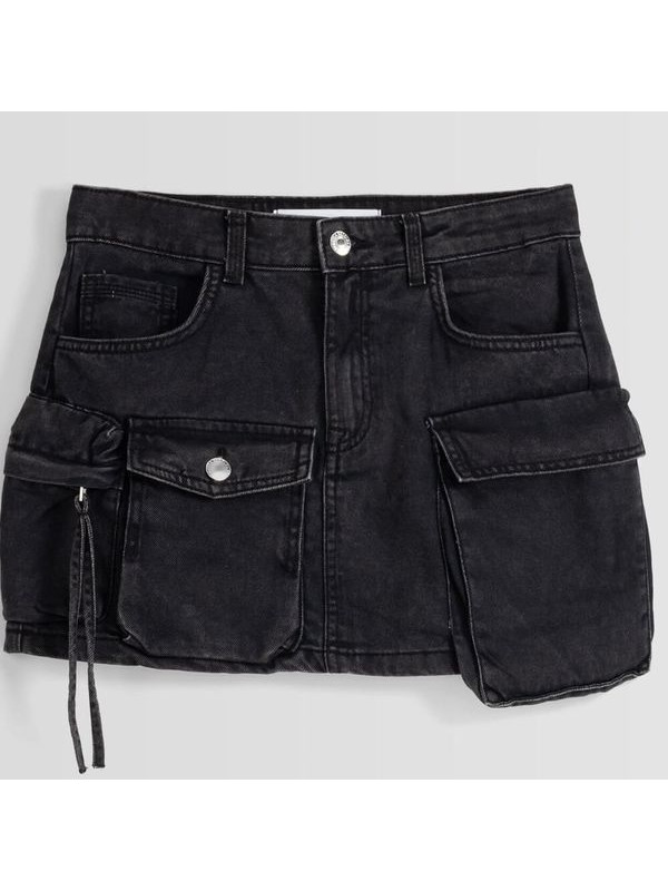 Юбка Bershka Multi-Pocket Twill Mini, черный