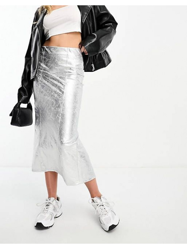 Серебристая юбка миди Bershka
