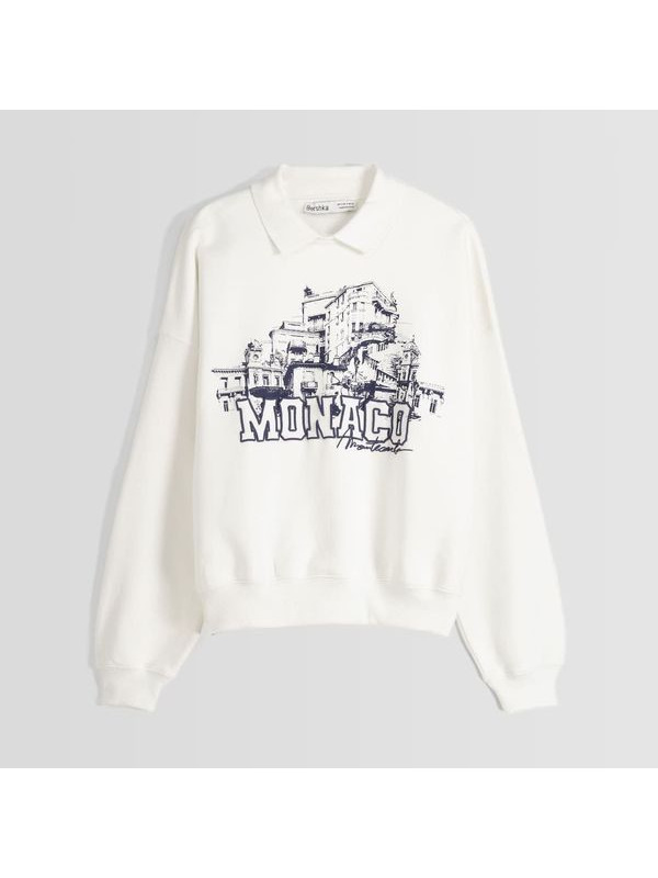 Свитшот Bershka Printed With Polo Collar, белый