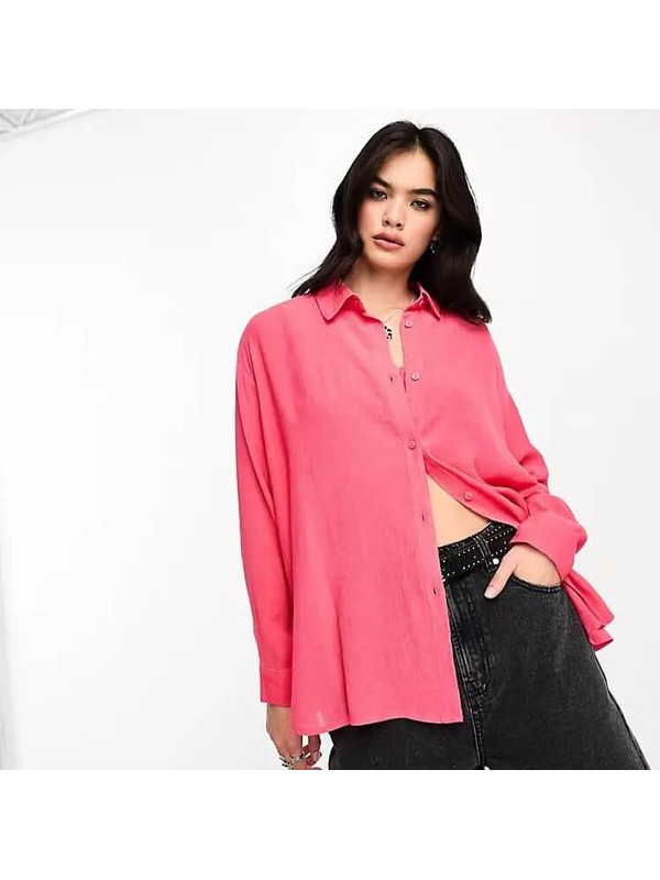 Рубашка Bershka Oversized Crinkle, розовый