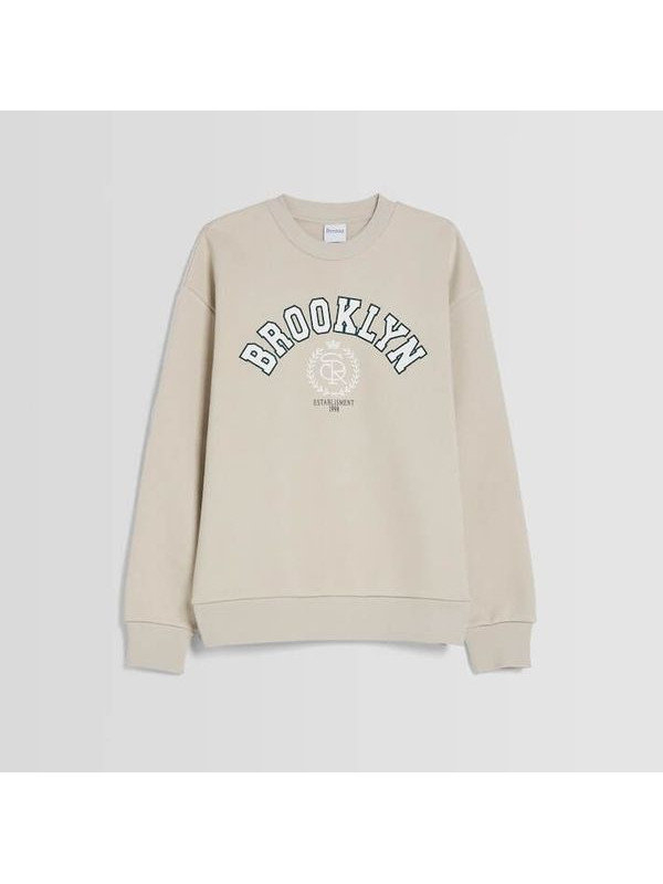 Свитшот Bershka Brooklyn Print Round Neck, бежевый Свитшот Bershka Brooklyn Print Round Neck, бежевый