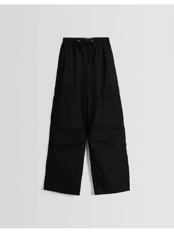 Брюки Bershka Cotton Parachute, черный