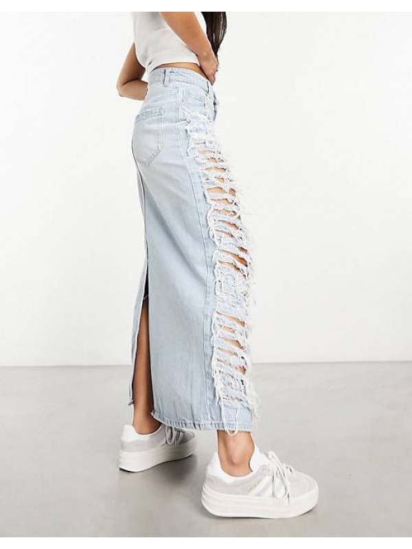 Джинсовая юбка миди с рваными краями Bershka