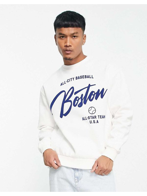 Белая толстовка с принтом спереди Bershka Boston