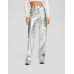 Брюки Bershka Faux Leather Straight Fit Trousers, серебристый