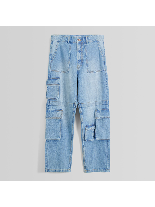 Джинсы Bershka Multi-pocket Baggy Cargo, голубой