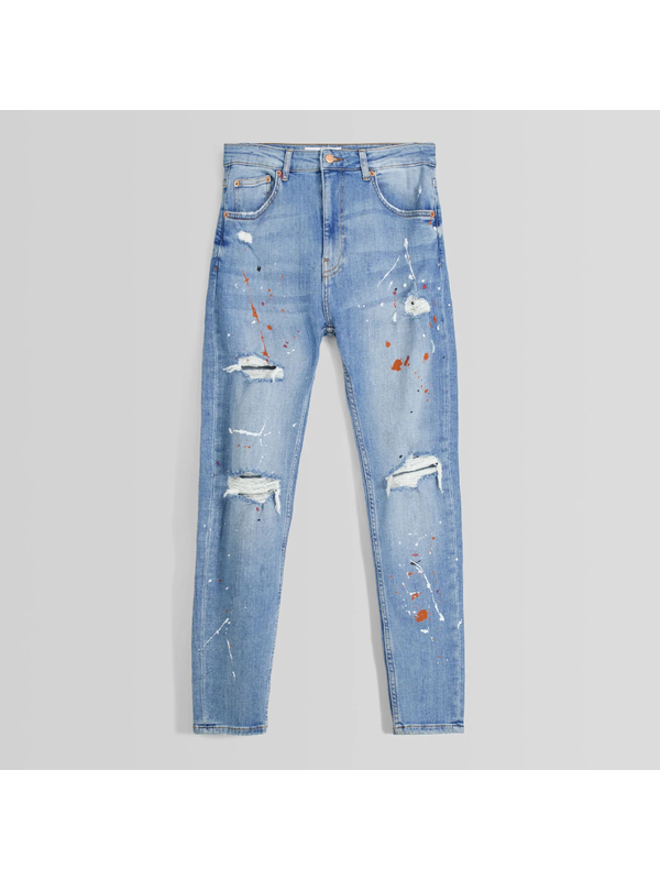 Джинсы Bershka Ripped Super Skinny With Paint Splatter, голубой