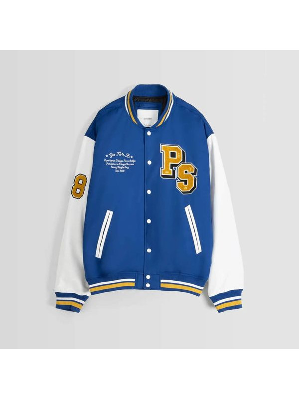 Бомбер Bershka Puffer Bomber With Patches, синий/белый