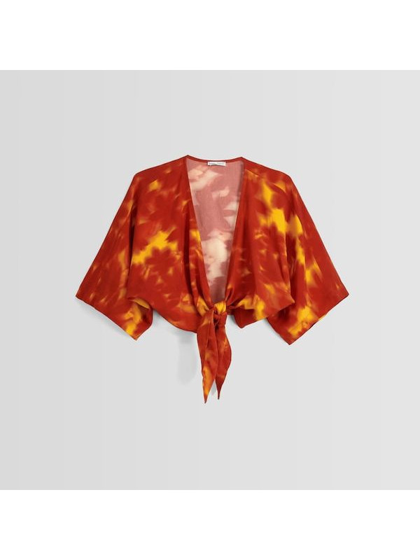 Рубашка Bershka Rustic Kimono-effect With Knot, оранжевый/желтый