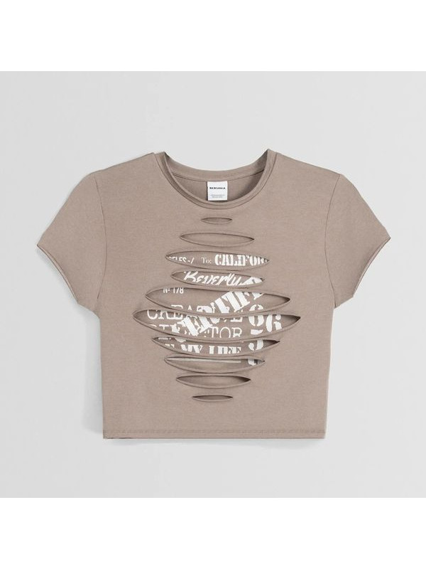 Топ Bershka Double-layer Short Sleeve With Stitching And Print, бежевый