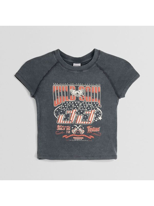 Топ Bershka Short Sleeve With Print, серый