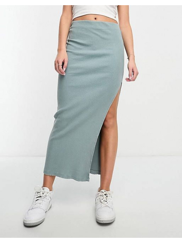 Облегающая трикотажная юбка миди пыльно-синего цвета Bershka
